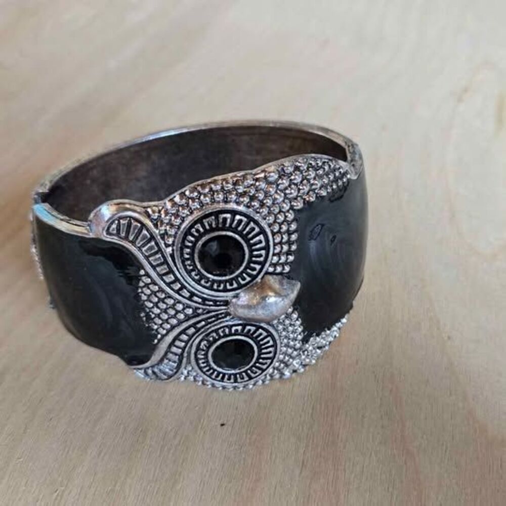 Black Enamel & silve tone Owl Hinged Cuff Bracelet | Black Rhinestone Eyes